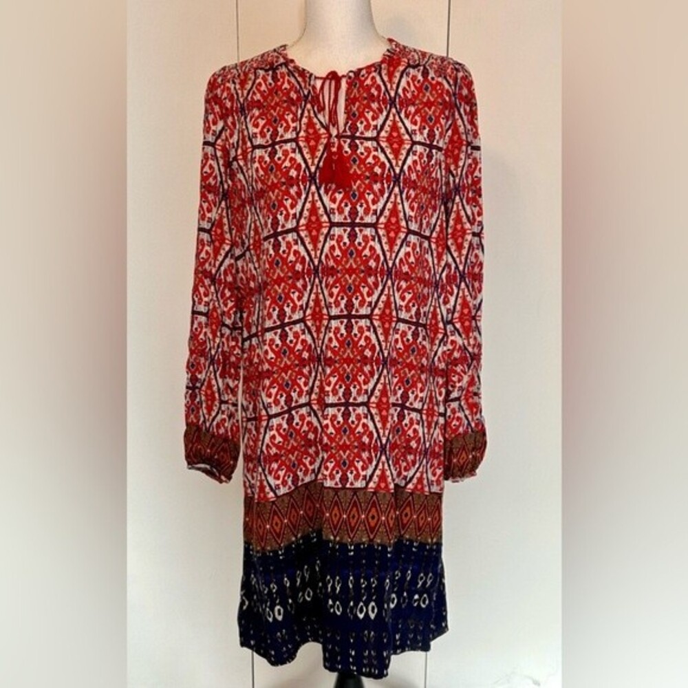 Beach Lunch Lounge long sleeve tunic print dress lightweight Medium Boho Festive
